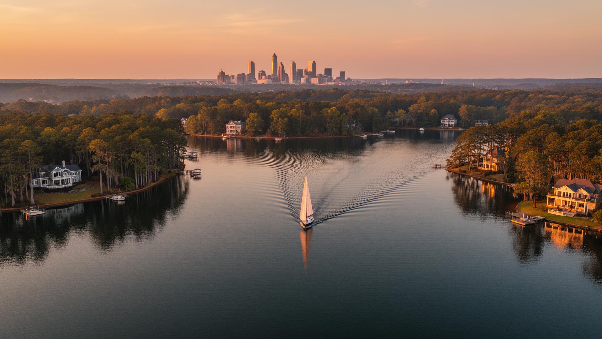 Aerial view of Lake Wylie at golden hour with a sailboat and Charlotte skyline in the distance
