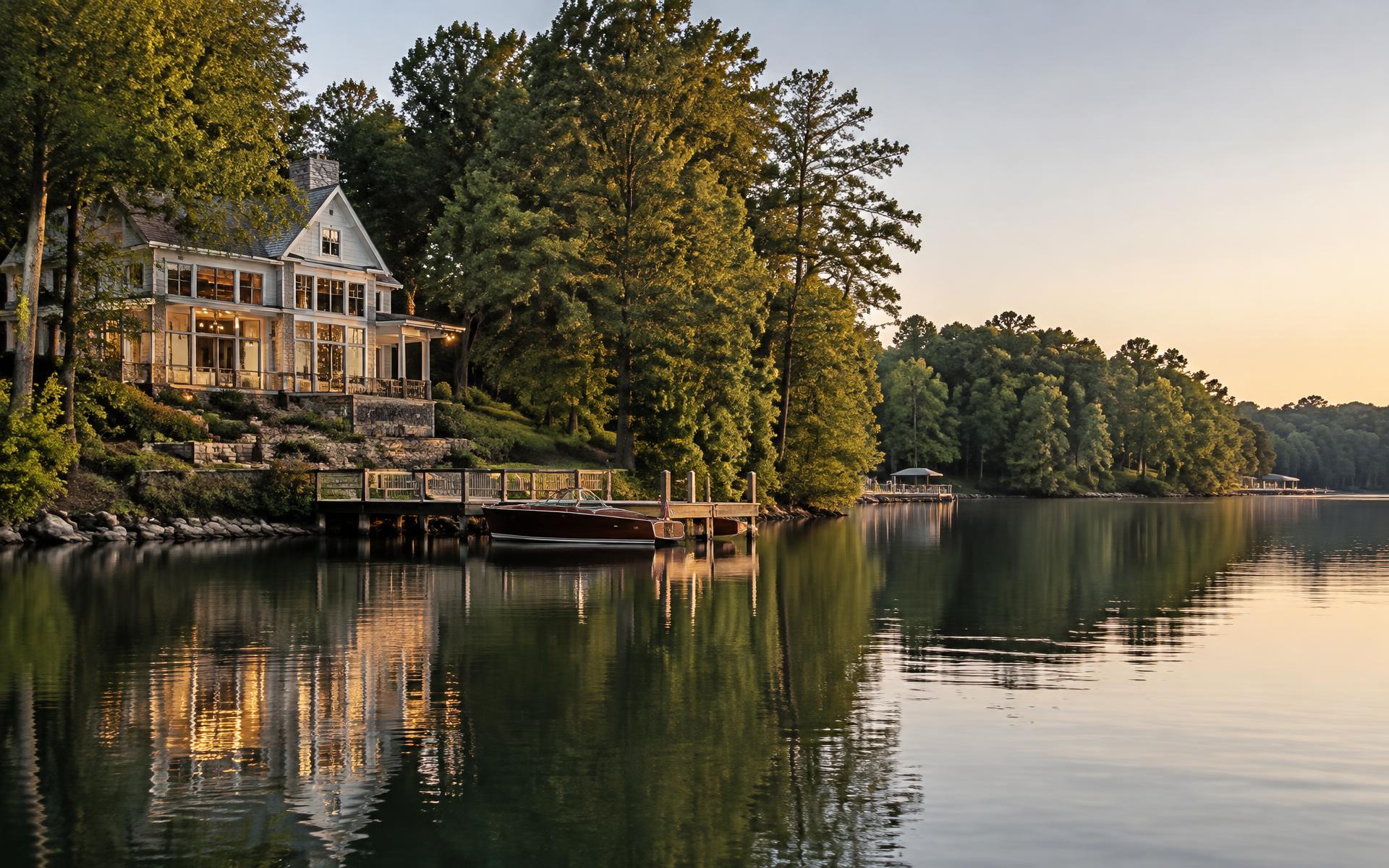 Illustrative lakefront home and timber dock along a wooded Carolina shoreline at golden hour