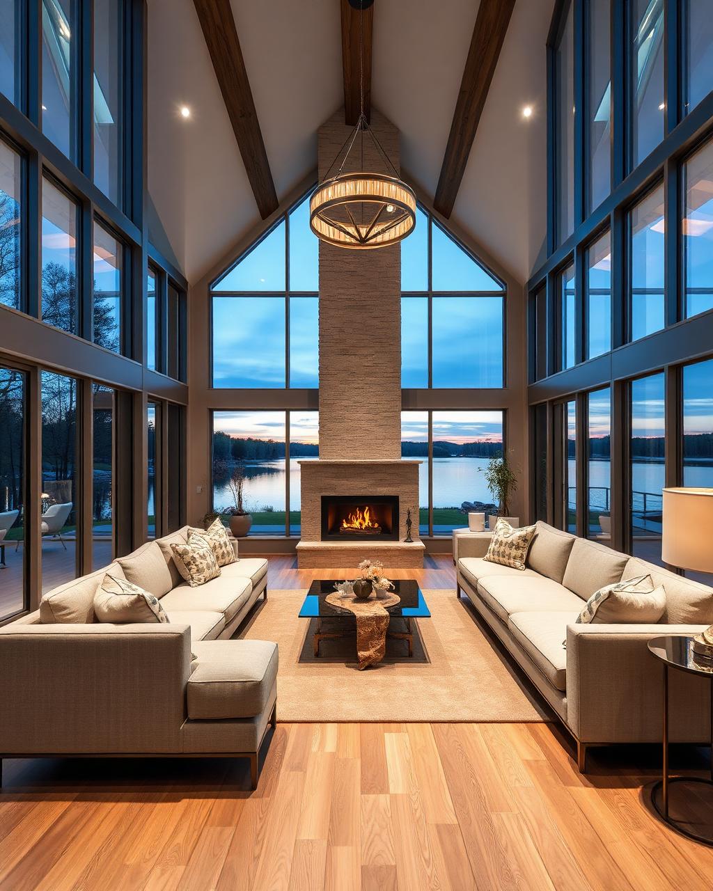 Luxury lakefront living room interior