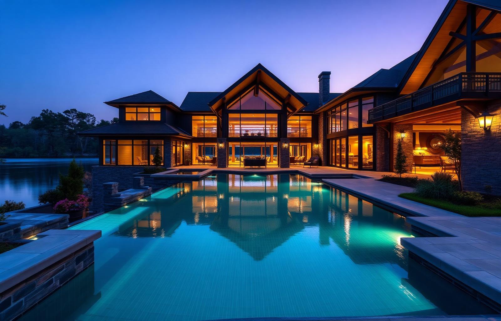 Luxury lake home at twilight